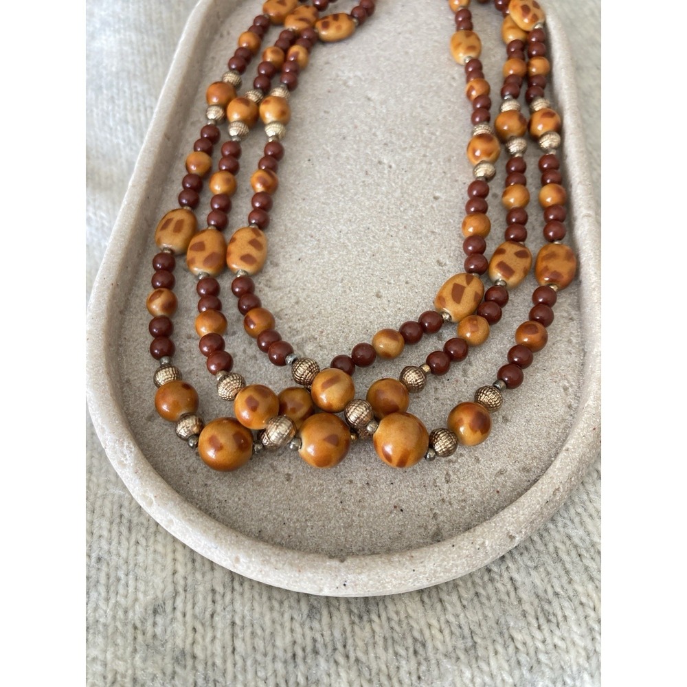 Vintage‎ Caramel Brown Beaded Necklace 3 Strand Bohemian Earthy Multi Strand